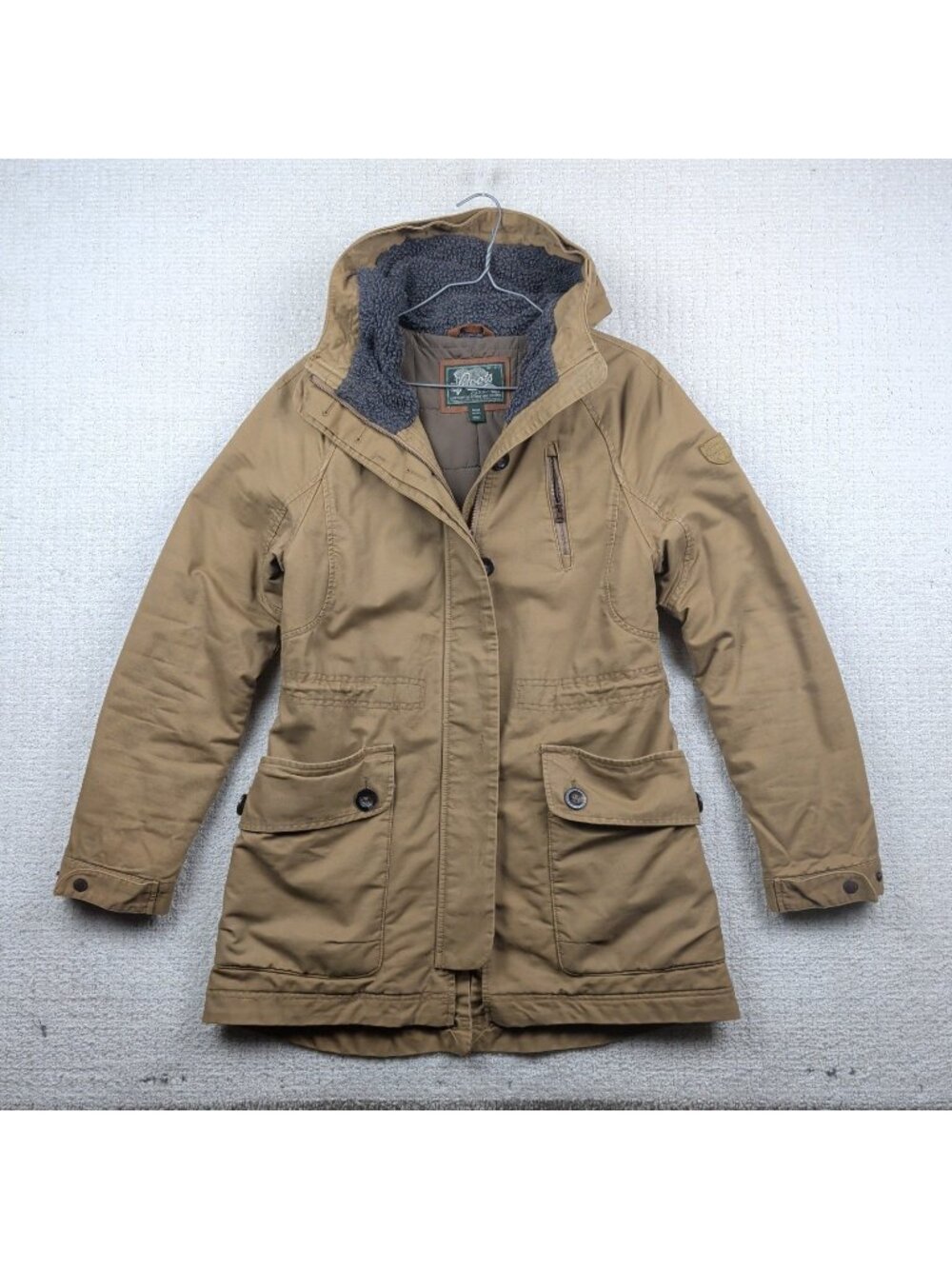 Y2K Roots Canada Tan Military Field Utility Jacket Coat Sherpa Hood Wom Sz M